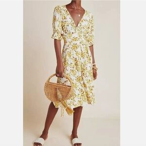 Faithfull The Brand Rafa V-Neck Midi Dress Yellow Floral Size 4 Cottage Fall